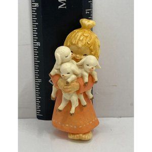 Vintage Anri Ferrandiz Carved Figure Girl with 3 Lambs Italy Ornament